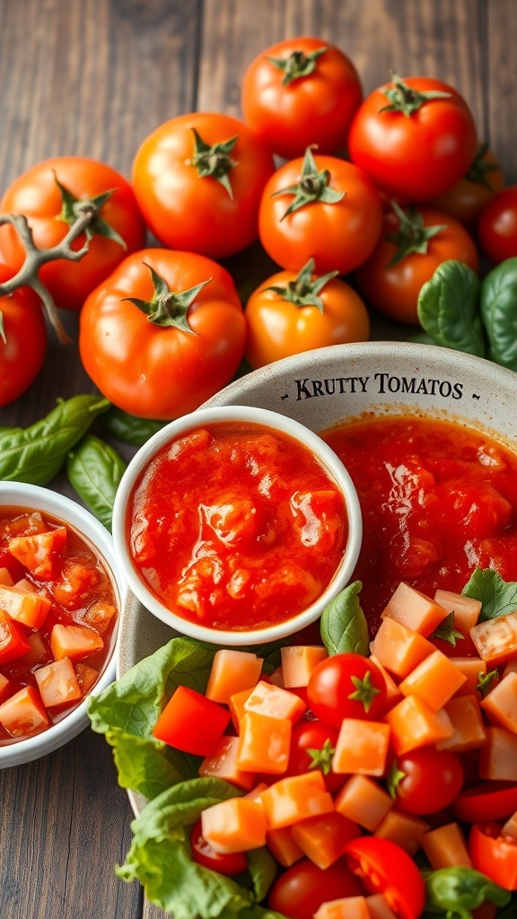 A variety of tomatoes including fresh, sauced, and in a salad on a wooden table.